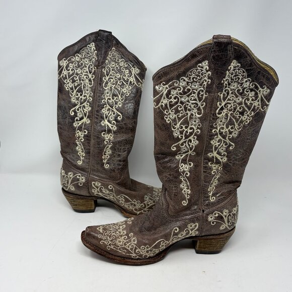 Corral Vintage women's western cowgirl boots 7.5 M embroidered brown snip toe - Picture 3 of 12